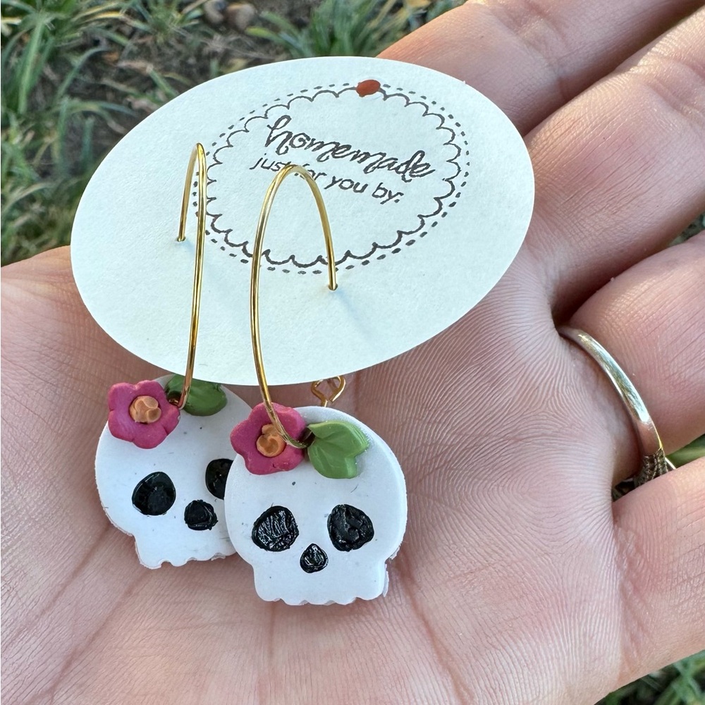 Halloween Colorful Floral Skull Hoop Earrings. Gold hoops.